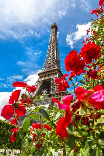 Torre Eiffel Rosas Rojas París Francia Hermoso Día Verano —  Fotos de Stock