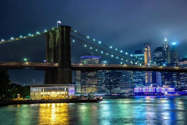 Puente Brooklyn Vista Panorámica Nocturna Del Centro Manhattan Después Del —  Fotos de Stock