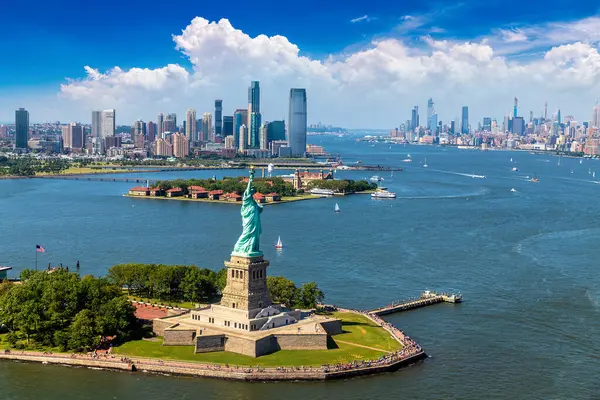 Vista Aérea Panorâmica Estátua Liberdade Jersey City Cidade Manhattan Nova — Fotografia de Stock
