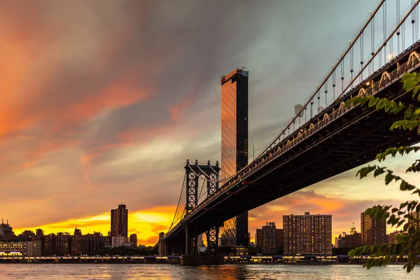 Manhattan Bridge Panoramatický Noční Pohled Centrum Manhattanu Západu Slunce New — Stock fotografie