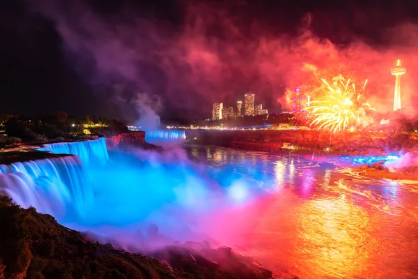 Fogos Artifício Sobre Quedas Americanas Niagara Cai Noite Eua Lado — Fotografia de Stock