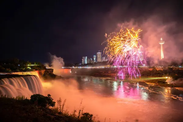 Fogos Artifício Sobre Quedas Americanas Niagara Cai Noite Eua Lado — Fotografia de Stock