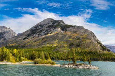 Banff Ulusal Parkı, Kanada 'da Minnewanka Gölü' nde küçük bir ada