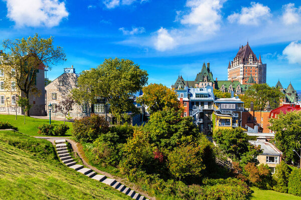 Panoramic view of Frontenac Castle (Fairmont Le Chateau Frontenac) in Old Quebec City, Canada