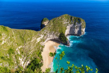 Nusa Penida Adası, Bali, Endonezya 'daki Kelingking Sahili' nin panoramik hava manzarası