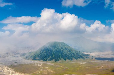 Volcanic dust around volcano Bromo, Java island, Indonesia. Panoramic aerial view