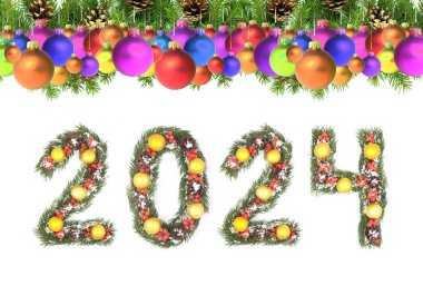 Noel ağacı çerçevesi ve beyaz arka planda izole edilmiş noel ağacı dalları tarafından yapılan 2024 sayısı