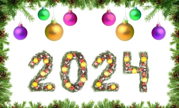 Weihnachtsbaum Rahmen Und 2024 Zahl Von Weihnachtsbaum Äste Isoliert Auf — Stockfoto