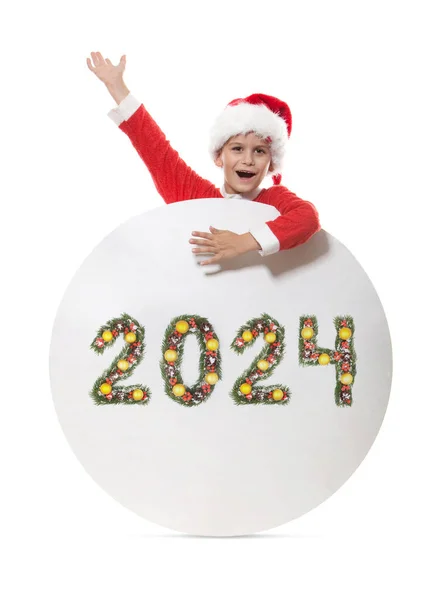 Menino Papai Noel Está Segurando Pôster Natal 2024 Número Feito — Fotografia de Stock