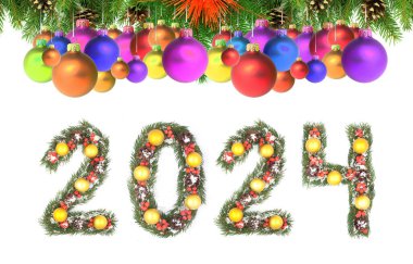 Noel ağacı çerçevesi ve beyaz arka planda izole edilmiş noel ağacı dalları tarafından yapılan 2024 sayısı