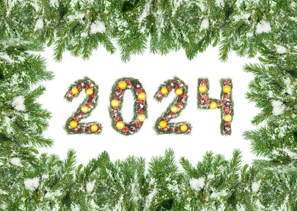 Julgran Ram Och 2024 Nummer Som Görs Julgran Grenar Isolerade — Stockfoto