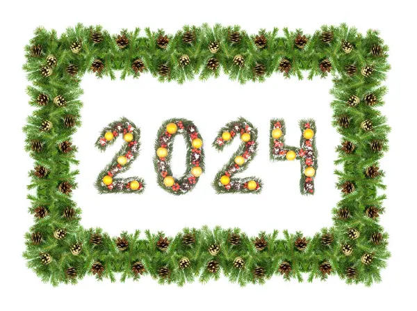 Πλαίσιο Χριστουγεννιάτικων Δέντρων Και Αριθμός 2024 Από Κλαδιά Χριστουγεννιάτικων Δέντρων — Φωτογραφία Αρχείου