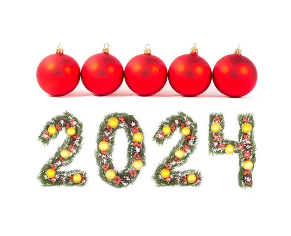 Bola Natal Vermelho 2024 Número Feito Por Ramos Árvore Natal — Fotografia de Stock