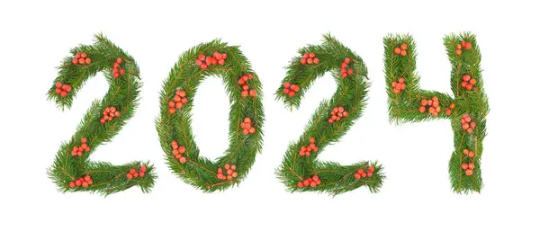 2024 Aantal Geschreven Door Kerstboom Takken Geïsoleerd Een Witte Achtergrond — Stockfoto