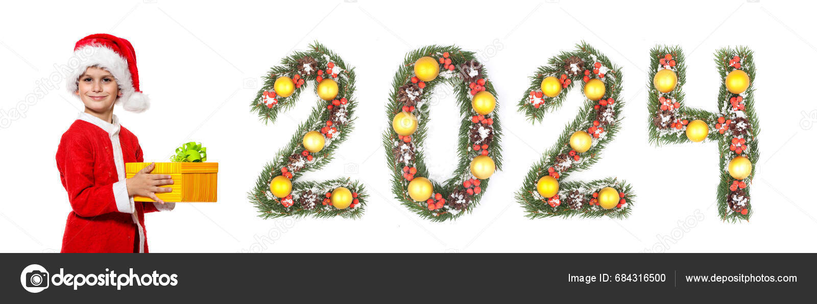 Boy Santa Claus Holding Christmas Gift 2024 Number Made Christmas Stock