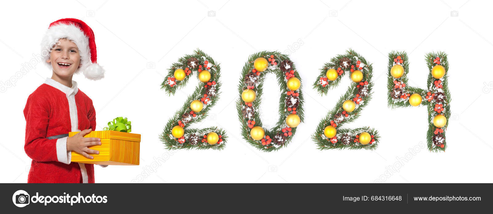 Boy Santa Claus Holding Christmas Gift 2024 Number Made Christmas Stock