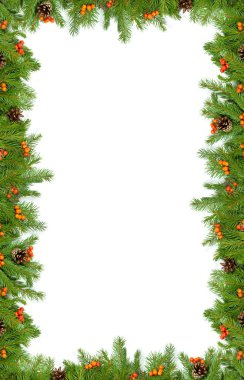 Beyaz arka planda koni ve kutsal böğürtlenli Noel yeşil çerçevesi