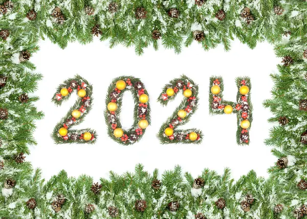 Kerstboom Kader 2024 Nummer Gemaakt Door Kerstboom Takken Geïsoleerd Witte — Stockfoto