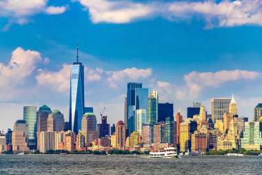 New York 'un New York şehrinin gün batımındaki panoramik manzarası, New York, ABD