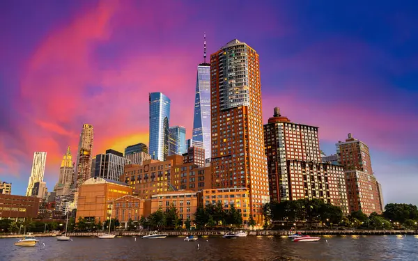 Vue Panoramique Nuit Centre Ville Manhattan Après Coucher Soleil New — Photo