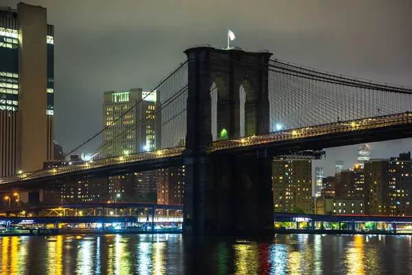 Brooklyn Bridge Vista Panorâmica Noturna Centro Manhattan Após Pôr Sol — Fotografia de Stock