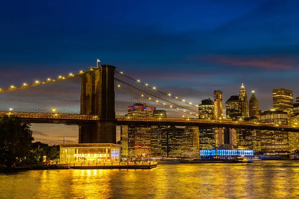 Pont Brooklyn Vue Panoramique Nocturne Centre Ville Manhattan Après Coucher — Photo