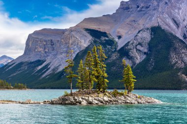 Banff Ulusal Parkı, Kanada 'da Minnewanka Gölü' nde küçük bir ada