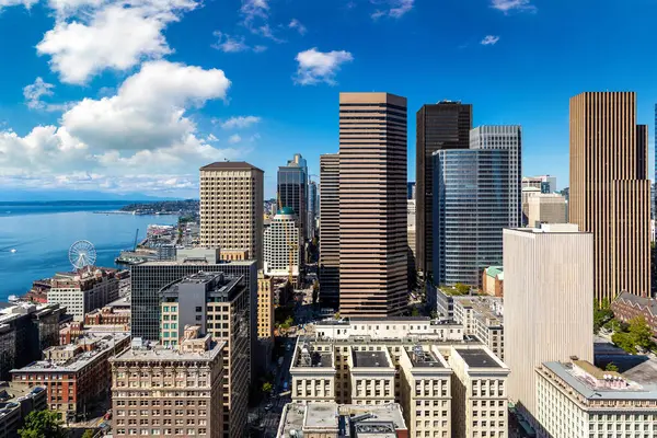Vista Aérea Panorámica Del Distrito Financiero Seattle Día Soleado Seattle —  Fotos de Stock