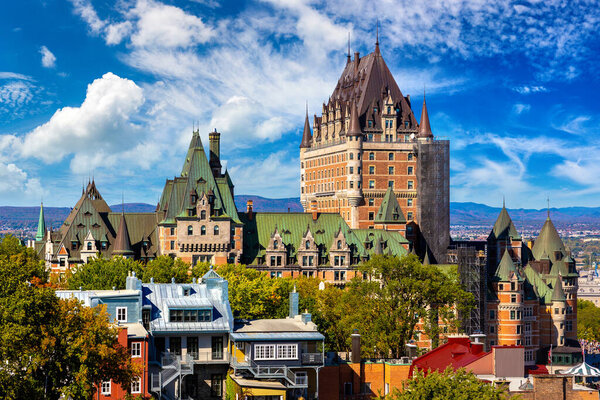 Panoramic view of Frontenac Castle (Fairmont Le Chateau Frontenac) in Old Quebec City, Canada