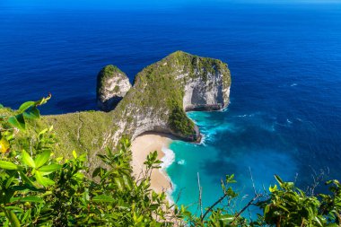 Nusa Penida Adası, Bali, Endonezya 'daki Kelingking Sahili' nin panoramik hava manzarası
