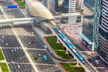 Aerial view of metro station in Dubai in a summer day, United Arab Emirates