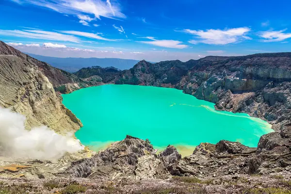 Panoramische Luchtfoto Krater Van Actieve Vulkaan Ijen Java Eiland Indonesië Stockfoto