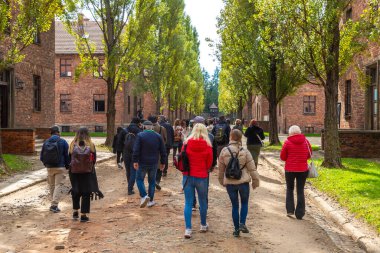 OSWIECIM, POLAND - 7 Eylül 2022: Güneşli bir günde Auschwitz Birkenau toplama kampında bir grup turist, Oswiecim, Polonya
