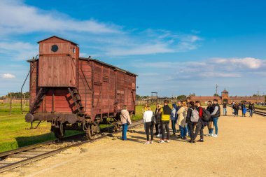 OSWIECIM, POLAND - 7 Eylül 2022: Auschwitz II Birkenau toplama kampına insan taşımak için kullanılan eski ahşap vagon, Oswiecim, Polonya