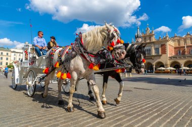 KRAKOW, POLAND - 9 Eylül 2022 Krakow, Polonya 'daki ana meydanda at arabaları