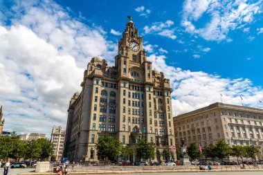 LIVERPOOL, İngiltere - 16 AĞUSTOS 2023: Güneşli bir günde Liverpool, Birleşik Krallık 'ta Kraliyet Karaciğer Binası