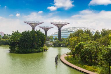 SINGAPORE - 23 Haziran 2019 Yaz günü Marina Körfezi Sands Oteli yakınlarındaki Singapur 'da bulunan Bay ve Singapur' daki Gardens 'taki Supertree Grove