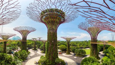 SINGAPORE - 23 Haziran 2019: Singapur Körfezi yakınlarındaki Gardens Skyway Panoraması