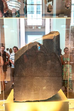 LONDON, UK - SEPTEMBER 7, 2023: The Rosetta Stone at The British Museum in London - one of the most visited museums in the world, England, UK clipart