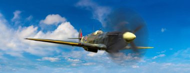 İkinci Dünya Savaşı İngiliz Spitfire savaş uçağı güneşli bir günde mavi gökyüzünde uçuyor.