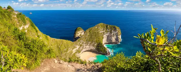 Nusa Penida Adası, Bali, Endonezya 'daki Kelingking Sahili Panoraması