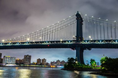 Manhattan Köprüsü ve Manhattan şehir merkezinin panoramik gece görüntüsü New York City, ABD 'de gün batımından sonra