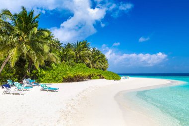 Yaz günü Maldivler 'de tropik plaj