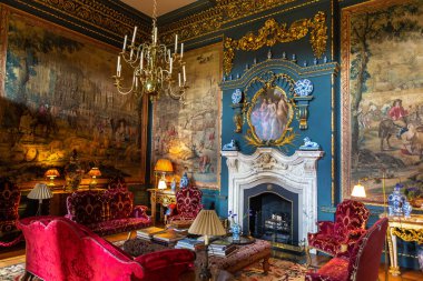YORKSHIRE, İngiltere - 30 Haziran 2025: Zengin dekore edilmiş duvar halıları, boyanmış tavan ve İngiltere 'nin Kuzey Yorkshire kentindeki Howard Kalesi' nde süslü şömine