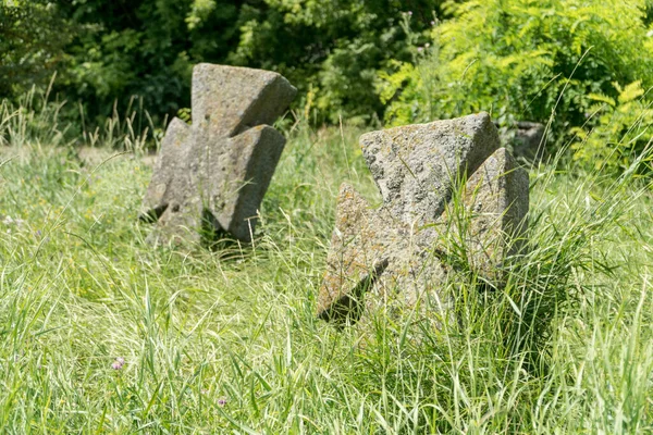 stock image Old abandoned cemetary with burials of the Cossacks in Busha state Historical and Cultural Reserve, located in Busha village on Podillya, Vinnytsa region, Ukraine. Travel destinations in Ukraine on  Podillya.