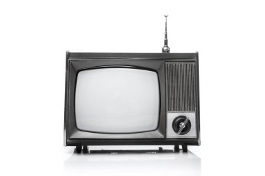 Retro analog taşınabilir antenli siyah beyaz televizyon. Ön manzara. Eski klasik teknolojiler
