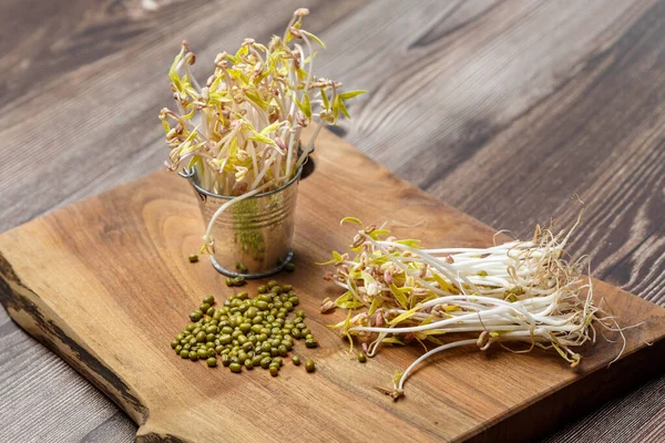 木製の背景に発芽した豆と緑の塊とおもちゃの金属バケツ マイクログリーンとビーガン健康食品の概念 — ストック写真