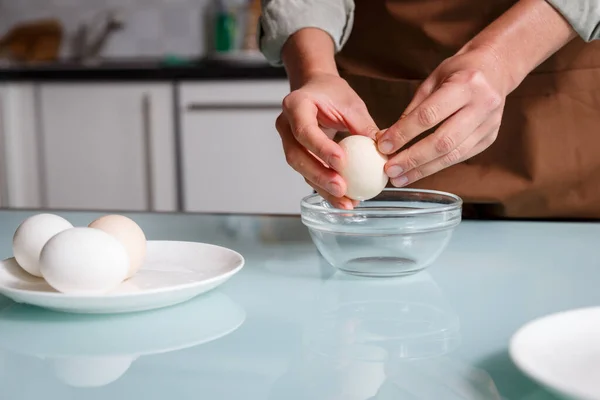 Female Hands Peeling Boiled Egg Shell Kithcen Table Glass Plate Stock Image