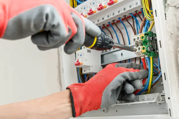 Nahaufnahme Der Hände Des Elektrikers Arbeitshandschuhen Der Einen Elektrischen Verteilerkasten lizenzfreie Stockbilder