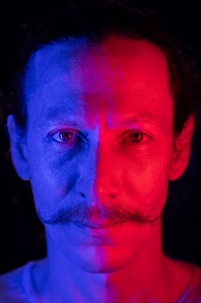 Man His 30S Posing Camera Blue Red Lighting Close Portrait — Stock Photo, Image